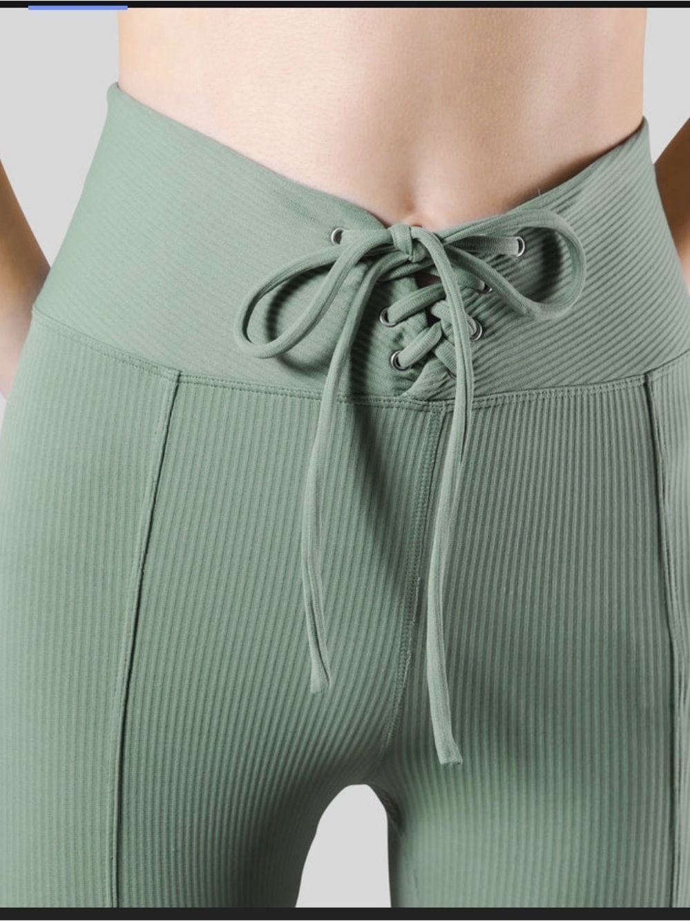 Ribbed High-Waist Lace-Up Leggings - Melty Green